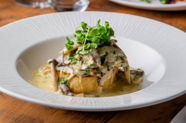 A close-up shot of a dish with mushrooms served with microgreens.