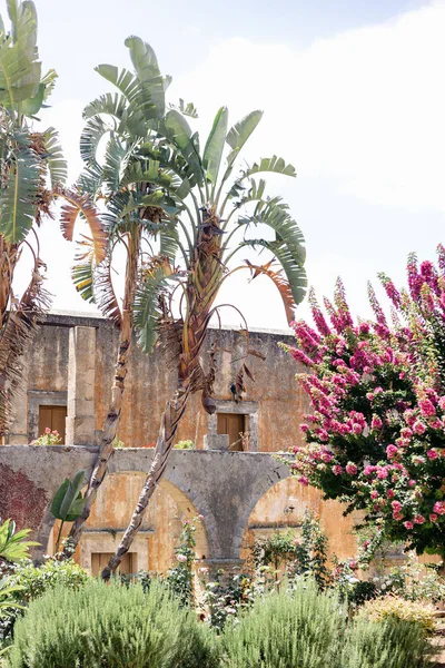 A vertical shot of the ancient Agia Triada Monastery in Crete, Greece surrounded by lush palm trees