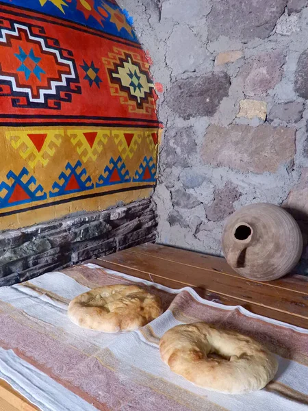 Freshly Baked Bread Made Armenian Stove Ethnic Pattern Background — Stock Photo, Image