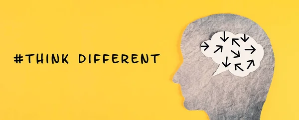 Think Different Stands Yellow Background Head Brain Being Nonconformist Standing — Stock Photo, Image
