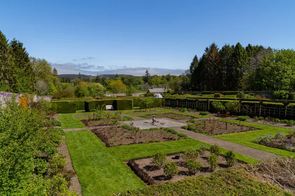 位于英国苏格兰的德鲁姆城堡 Drum Castle 园中有一个修整过的外墙花园 — 图库照片