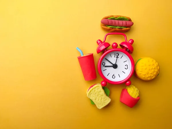 Food Alarm Clock Isolated Yellow Background Copy Space — Stok fotoğraf