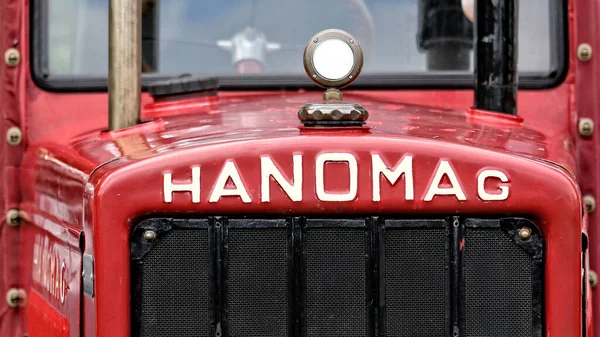 Here Detail Shot Red Tractor White Writing Hanomag Produced Hannover — Fotografia de Stock