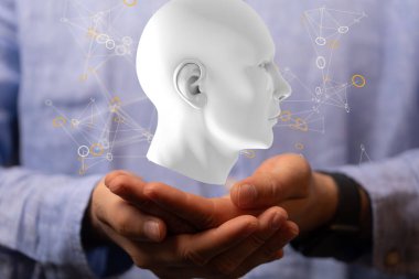 A white holographic digital style human head with numbers in a human hand, AI and technology concept