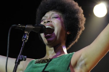 A closeup of Erykah Badu performing live at the Hollywood Palladium in Hollywood, California