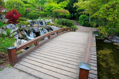 A small bridge above a river surrounded with greenery in a Japanese garden
