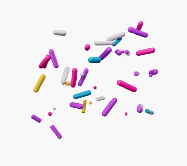 flying 3d illustration of sugar sprinkles. in many colors on isolated  white background