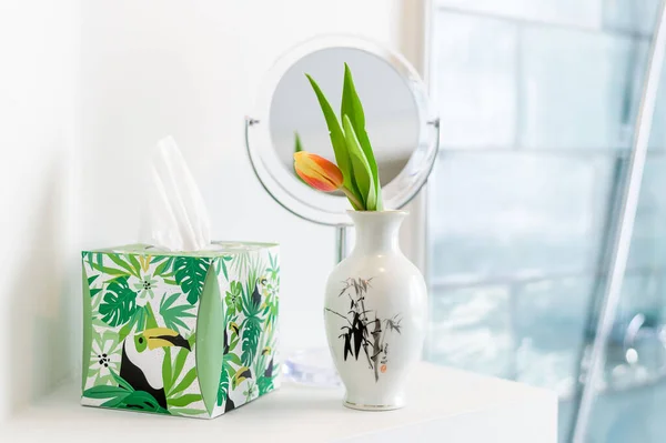 Decorative White Vase Orange Tulip Tropical Box Tissues — Stock Photo, Image