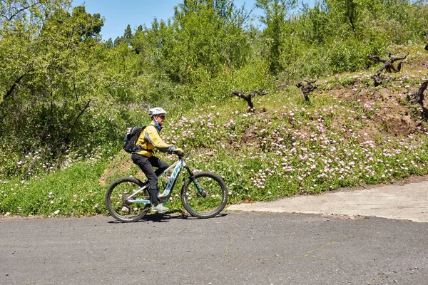 La Palma Kanarya Adası, İspanya 'nın batısında bisiklet süren bir dağ bisikletçisi.