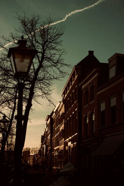 A vertical shot of vintage buildings and street lamp under the evening colors
