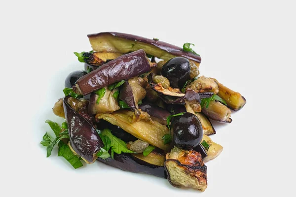 mediterranean italian eggplant dish on white background, concept: vegan nutrition