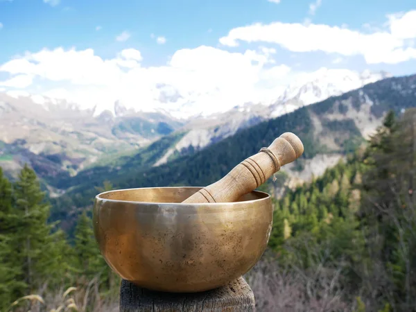 Beautiful Photo Singing Bowl Set Nature Snow Capped Mountains Background — Stok fotoğraf