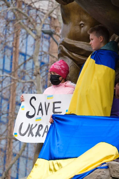 2022 'de Rusya' nın Ukrayna 'yı işgalini protesto eden insanların dikey çekimi