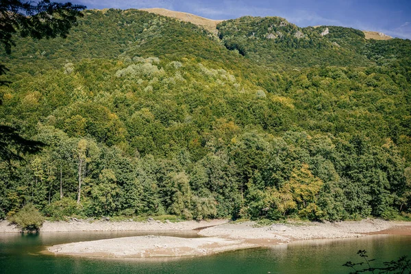 Γραφική Θέα Μιας Λίμνης Λόφο Καλυμμένο Πράσινα Δάση Μια Ηλιόλουστη — Φωτογραφία Αρχείου