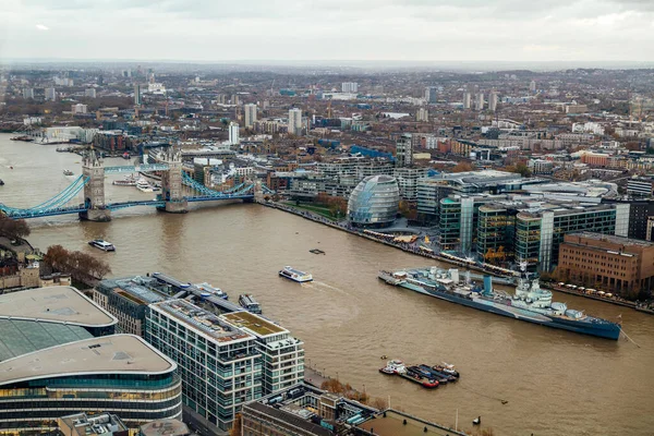 A view of one of the London's most sought-after landmarks, the Tower Bridge, from above