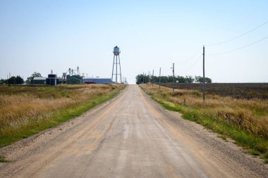 A dirt road surrounded by green fields and rural houses on a sunny day in Kansas, USA