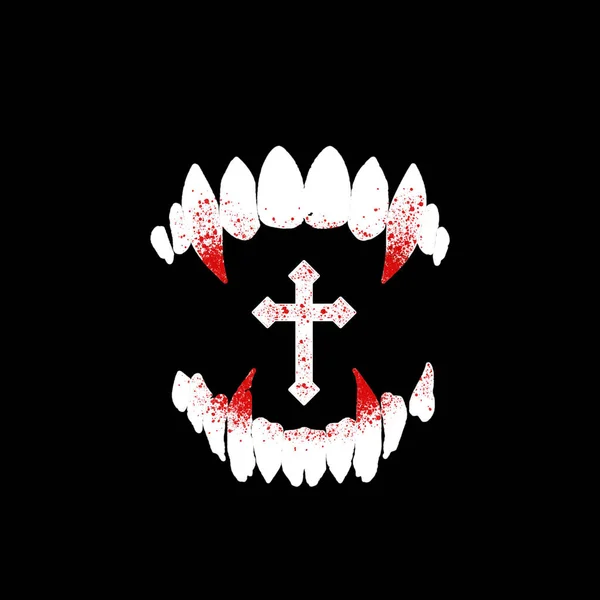 Scary vampire teeth with blood and a cross isolated on a black background