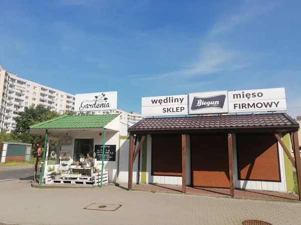Small Biegun Butcher Shop Apartment Buildings Orla Bialego District Poland — Zdjęcie stockowe