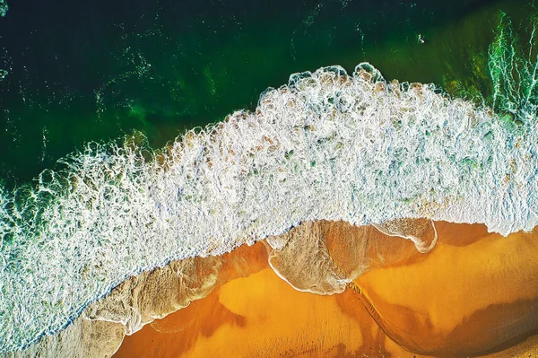 Aerial View Beach Sea Waves Touching Sands Sunlight — Stock fotografie