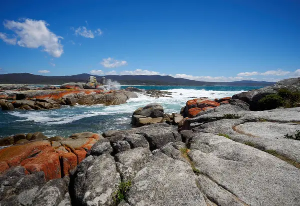 An aerial view of the rocky Binalong Bay under a blue sky in Australia