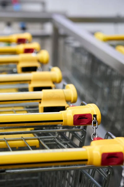 Vertical Closeup Row Locked Shopping Carts Biedronka Supermarket — Stock Photo, Image