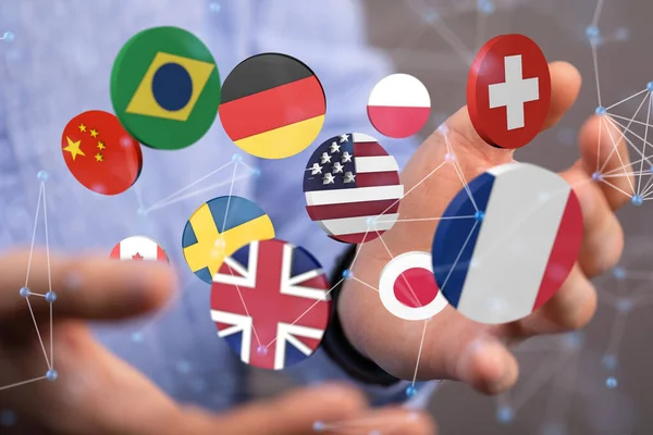 Render Flags Different Countries Floating Hologram Manner Person Palms — Stock Photo, Image