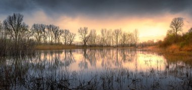 A panoramic scene of Ohio ruver and leafless trees on a spring sunset with an orange sky