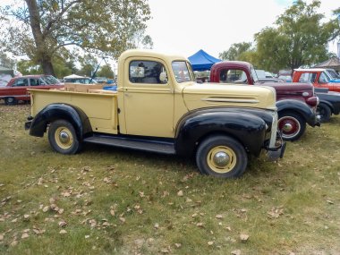Old cream and black utility Ford pickup truck 1942 - 1947 in the countryside. Side view. Nature grass trees. Classic car show. Copyspace