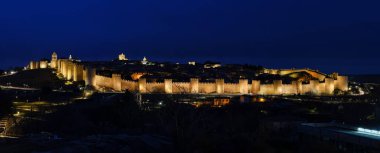 A panoramic shot of the city of Avila at night in Spain