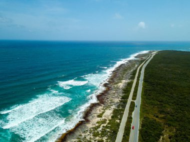 Güneşli bir günde mavi gökyüzüne karşı yeşil vadi ve turkuaz okyanus kıyısının havadan görünüşü.
