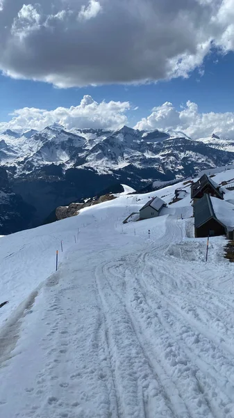 Een Verticale Opname Van Prachtige Besneeuwde Bergen Zwitserland — Stockfoto