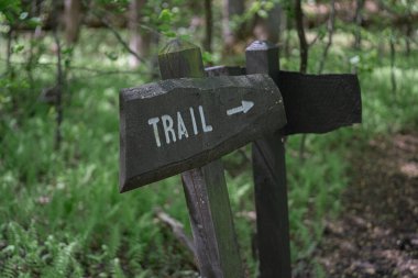 A closeup shot of a wooden trail signpost pointing toward on a hill
