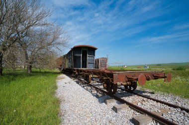 Paslı ve hasarlı tren vagonları terk edilmiş bir tren istasyonunda.