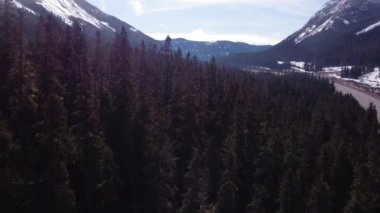A high angle video panning over a dense forest next to Coquihalla highway, British Columbia