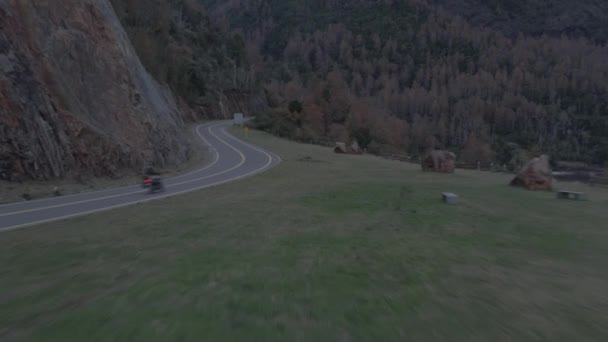 Bird Eye View Motorbike Riding Asphalt Road Mountains Covered Forests — Video