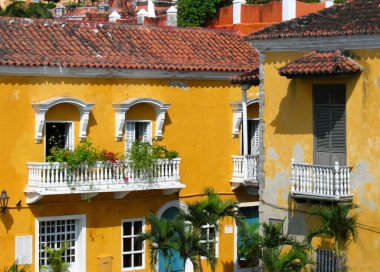 Balcony in focus of a Typical colonial building in the old town  of Cartagena in Colombia