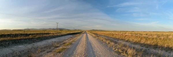 panorama: rural landscape, road disappearing into the distance surrounded by golden pastures, distant mountains and blue sky with some clouds