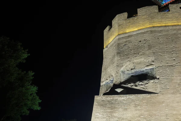 Part Medieval Fortress Half Destroyed Windows Illuminated Night Dark Sky — Stock Photo, Image