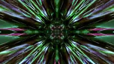 A 3D rendering of a kaleidoscope pattern with glowing elements in magic abstract space in green and purple tones