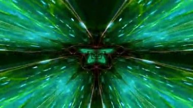 A 3D rendering of a green kaleidoscope tunnel with sparkling elements moving forward and backward in the abstract space