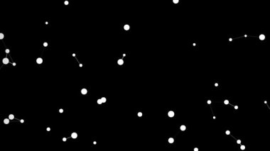 A Digital animation of small white circles representing bubbles, moving in space, isolated on black background.