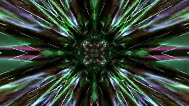 Rendering Kaleidoscope Pattern Glowing Elements Magic Abstract Space Green Purple — Stock video