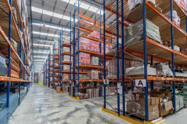 Interior of an operational warehouse, an industrial estate, in London, United Kingdom