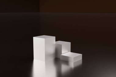3D, ürün sergisi için 3 beyaz küp podyumu hazırlıyor. Geometrik şekilli sahne. boş vitrin