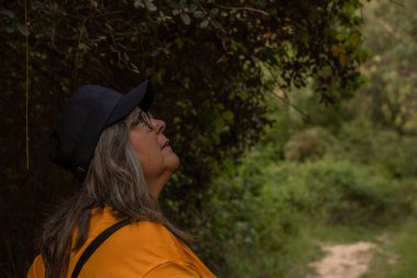 white-haired woman with cap and orange T-shirt looking at the trees in the forest , profile view