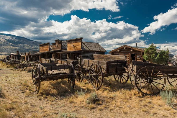Old Wooden Horse Drawn Carriages Field Wyoming — Fotografia de Stock
