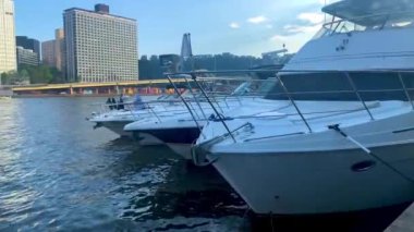 Boats lined up on the riverfront of the Allegheny River in Pittsburgh, Pennsylvania