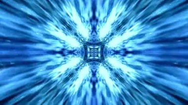 A 3D rendering of a kaleidoscope pattern with shiny elements streaming in blue abstract space