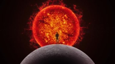 A following view of a brave Astronaut in a space suit confidently walking on the moon towards the sun