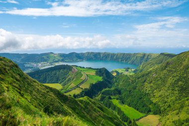 An aerial view of the Lagoa das Sete Cidades lakes on Sao Miguel Azores